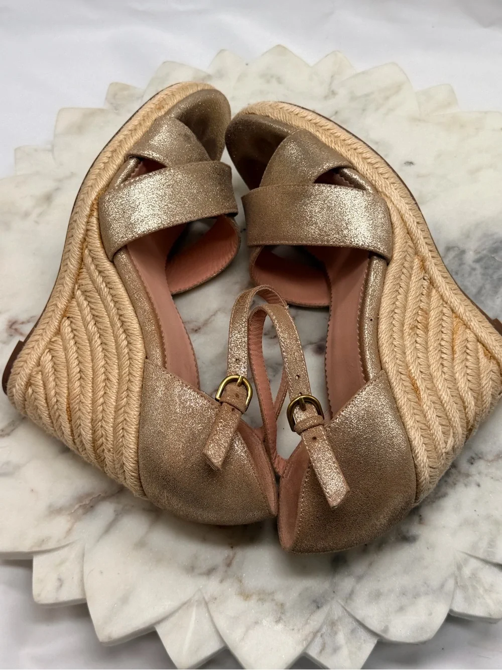 J.Crew Gold Metallic Suede Ankle Strap Espadrille Wedge Sandals Women Size 6.5